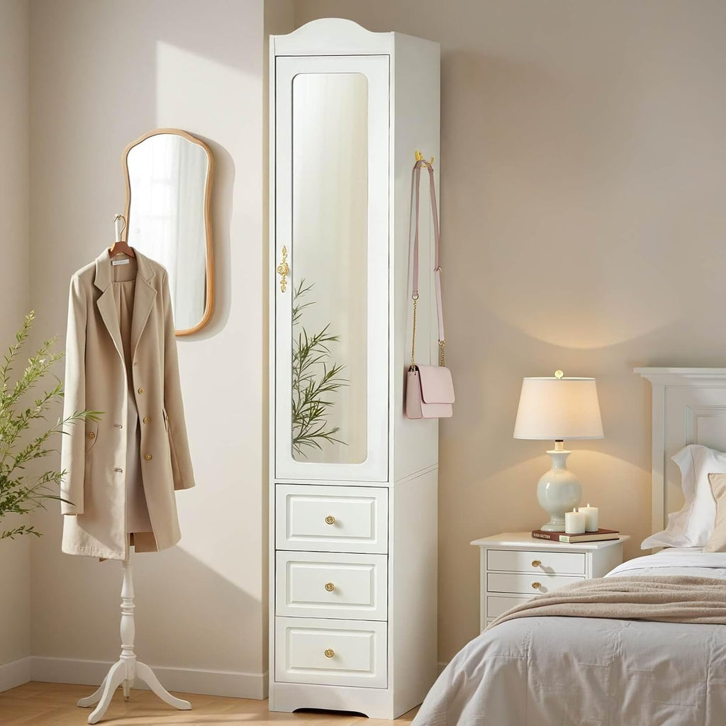 Armoire Wardrobe Closet, White Bedroom Armoires Cabinet with Mirror Door and 3 Drawers, 69.5" H Clothing Storage Cabinet with Hanging Rod & Sensor Light for Bedroom-Right
