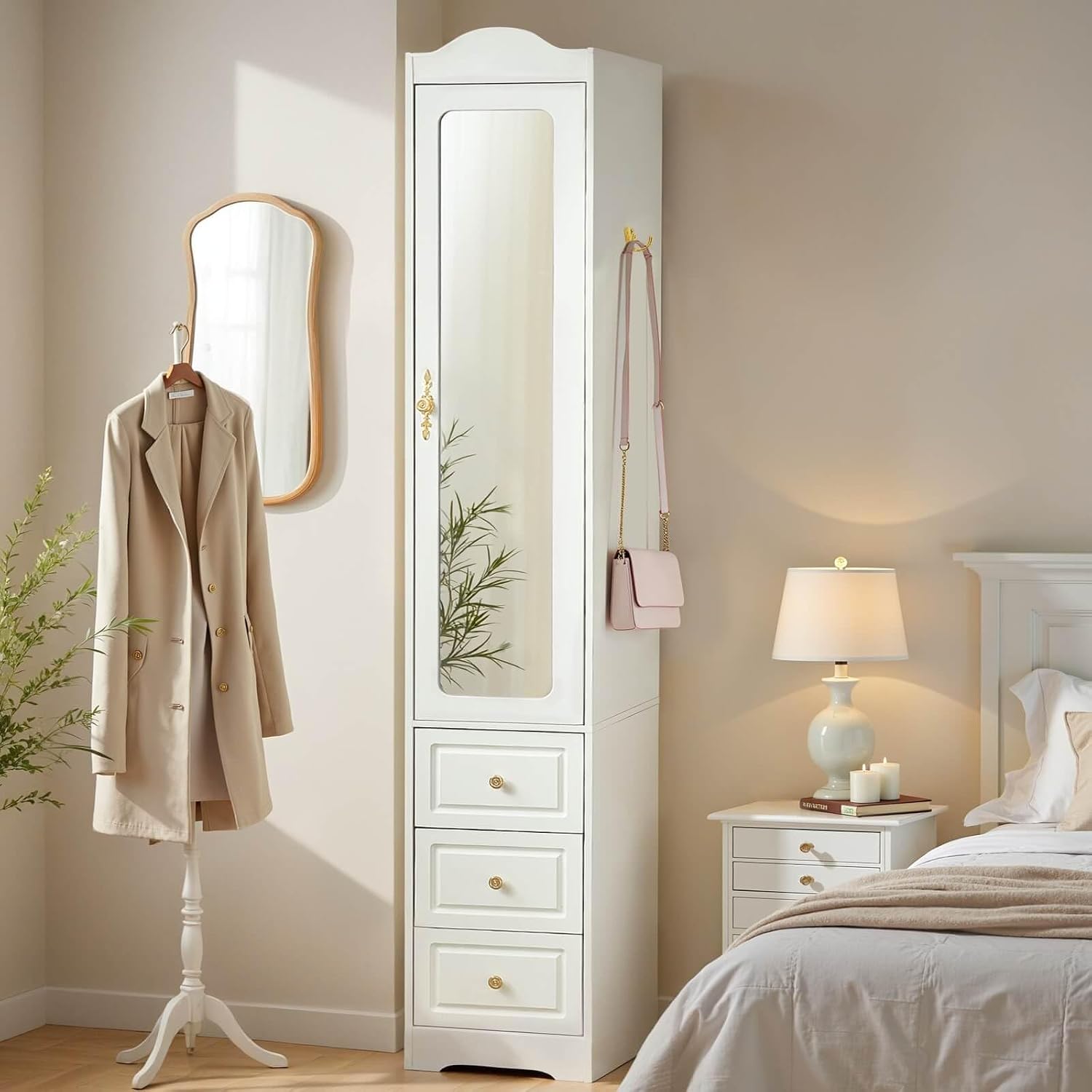Armoire Wardrobe Closet, White Bedroom Armoires Cabinet with Mirror Door and 3 Drawers, 69.5" H Clothing Storage Cabinet with Hanging Rod & Sensor Light for Bedroom-Right