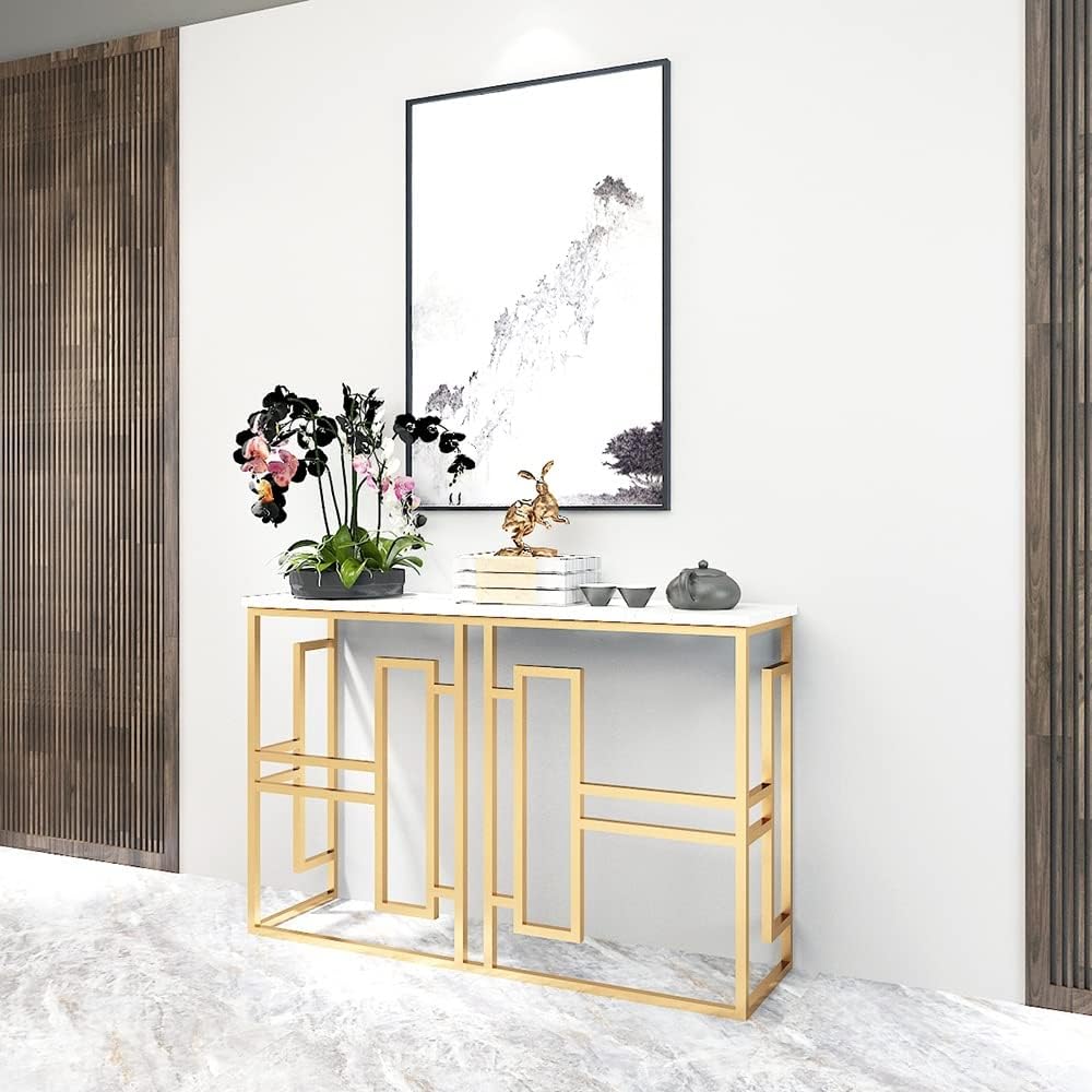 Coffee Table Golden Console Table, Marble Console Table, Telephone Table, Narrow Hall Table with Storage Bookshelf, Suitable for Corridor/Living Room