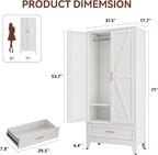 Metal Wardrobe Closet Hanging Rod 71" Tall, Heavy Duty Steel Armoire Wardrobe Cabinet, Clothing Storage Cabinet for Bedroom, Office, Laundry Room, 1 Drawer, White