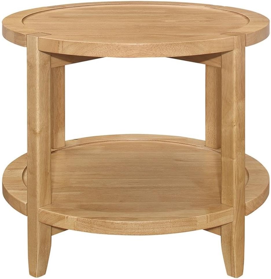 Pemberly Row Round Solid Wood End Table, 23.5 in Wide, Maple Brown Finish, Asian Hardwood Construction, Lower Shelf, Modern Farmhouse Style for Living Room or Bedroom Decor
