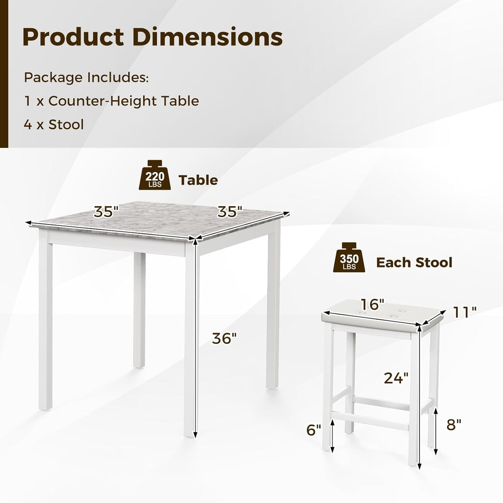 Tangkula 5-Piece Counter-Height Bar Table Set, Faux Marble Square Table & 4 PVC Leather Bar Stools w/Rubber Wood Legs, Modern Dining Set for Kitchen, Breakfast Nook & Small Spaces (White)