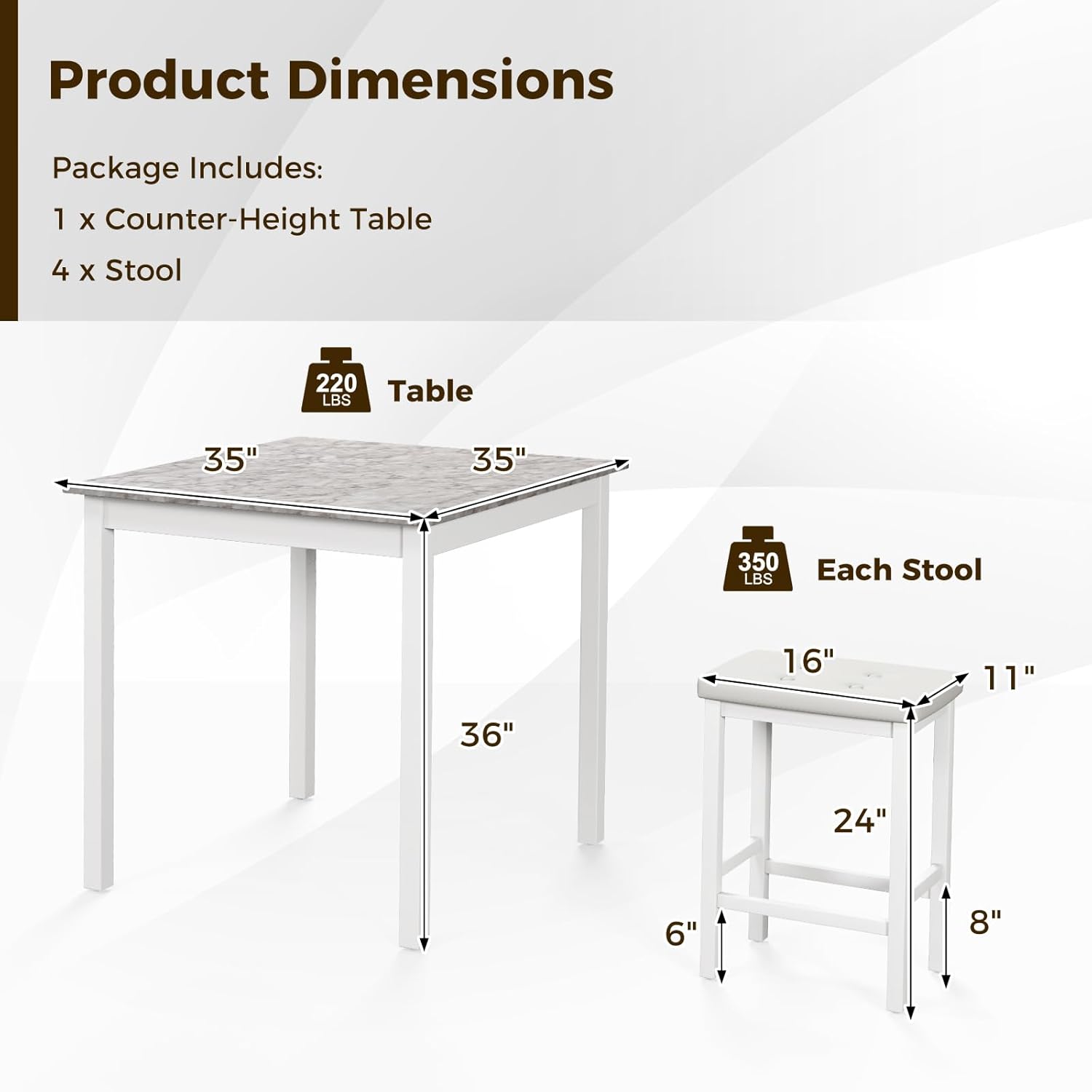 Tangkula 5-Piece Counter-Height Bar Table Set, Faux Marble Square Table & 4 PVC Leather Bar Stools w/Rubber Wood Legs, Modern Dining Set for Kitchen, Breakfast Nook & Small Spaces (White)