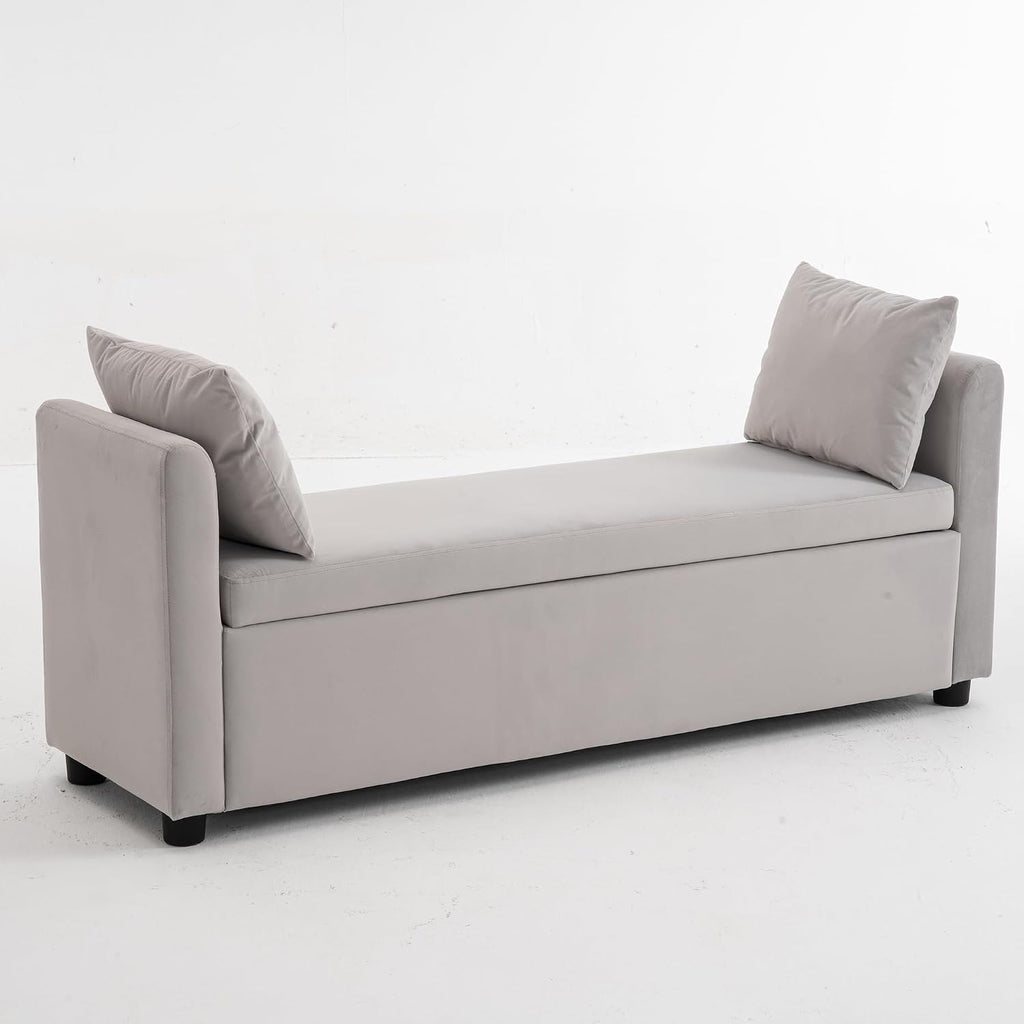 Storage Bench for Bedroom, 55" End of Bed Bench for King Size Bed, Modern Upholstered Long Ottoman Bench with Arms and 2 Pillows for Living Room/Entryway (Grey)