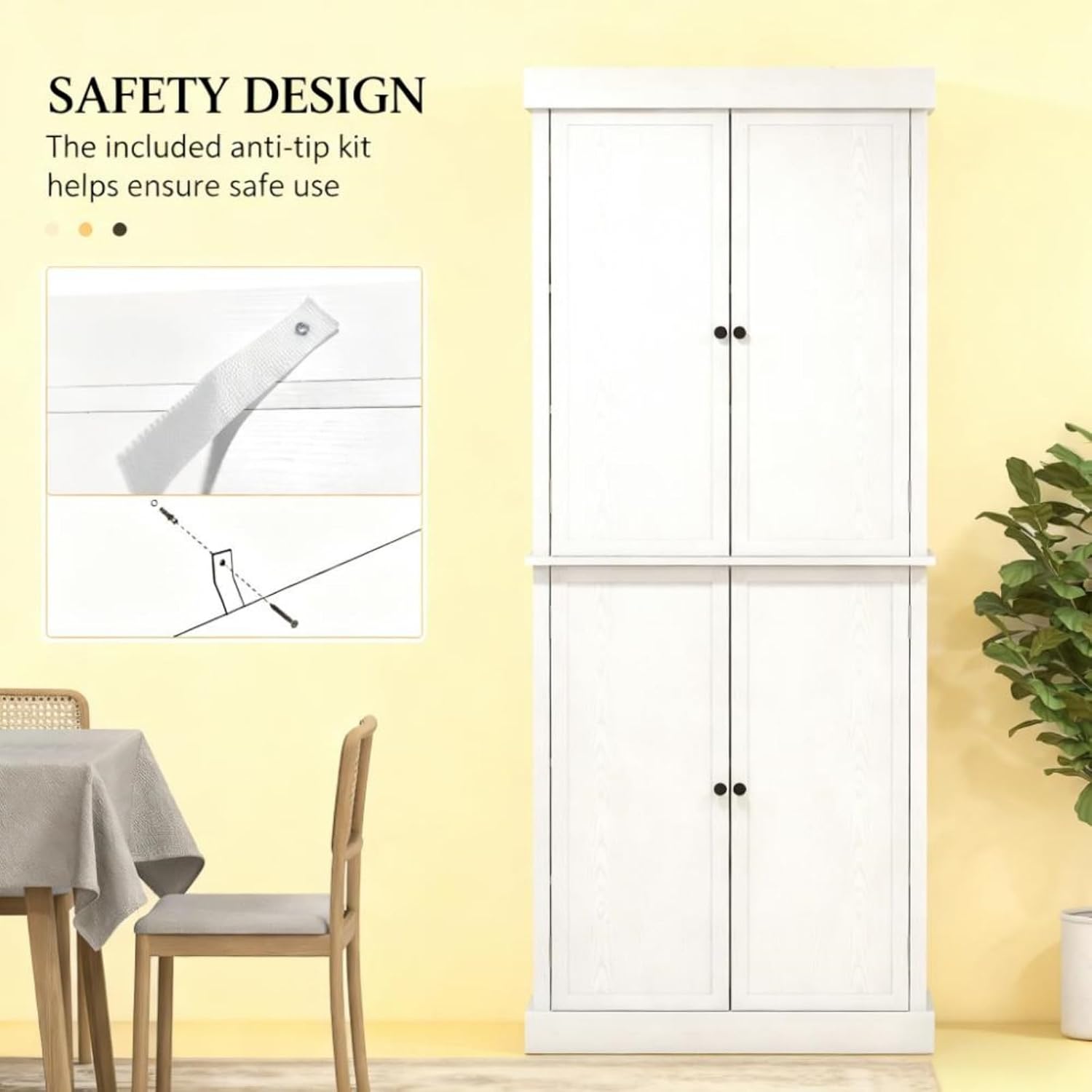 White Modern Style Freestanding Food Pantry Cabinet, Kitchen Floor Storage Cabinet with 4 Doors & 6-Tier Shelves, Dining Room Living Room Bathroom, 30x16x72.5 Inches