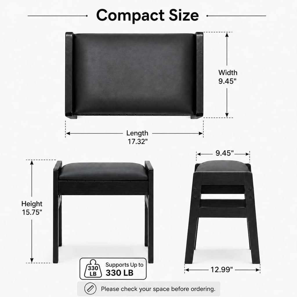 BAMBOOHOMIE Foot Stool Ottoman, Modern Vanity Stool Chair for Makeup with Removable Cushion & Side Handles, Bamboo Ottoman for Living Room Bedroom Office, Small Foot Rest for Couch (Black - Black)