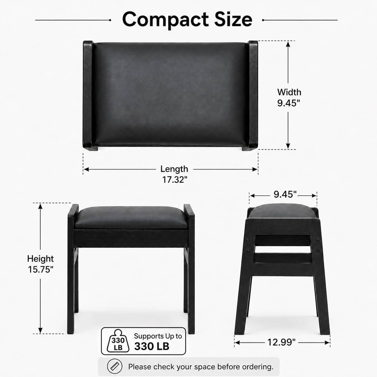 BAMBOOHOMIE Foot Stool Ottoman, Modern Vanity Stool Chair for Makeup with Removable Cushion & Side Handles, Bamboo Ottoman for Living Room Bedroom Office, Small Foot Rest for Couch (Black - Black)