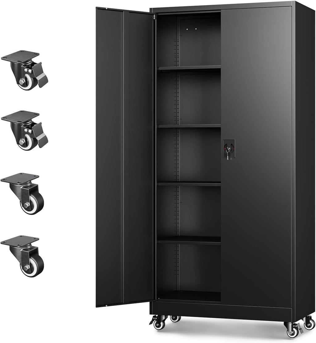 Letaya Metal Garage Storage Cabinets with Wheels,Steel Tool Cabinets Lock Door and Adjustable Shelves for Home,Office,Warehouse Organisieren (Black, 75" H)