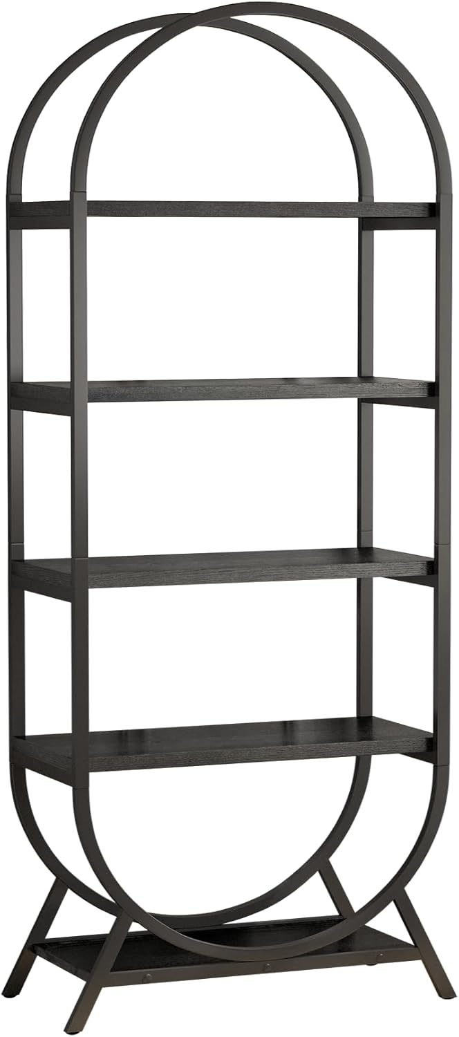 Arched Bookshelf,5-Tier Tall Wide Open Bookshelf,Modern Brown Storage Bookshelves, Freestanding Display Rack Shelving Unit for Office, Bedroom, Living Room, Easy Assembly, Black