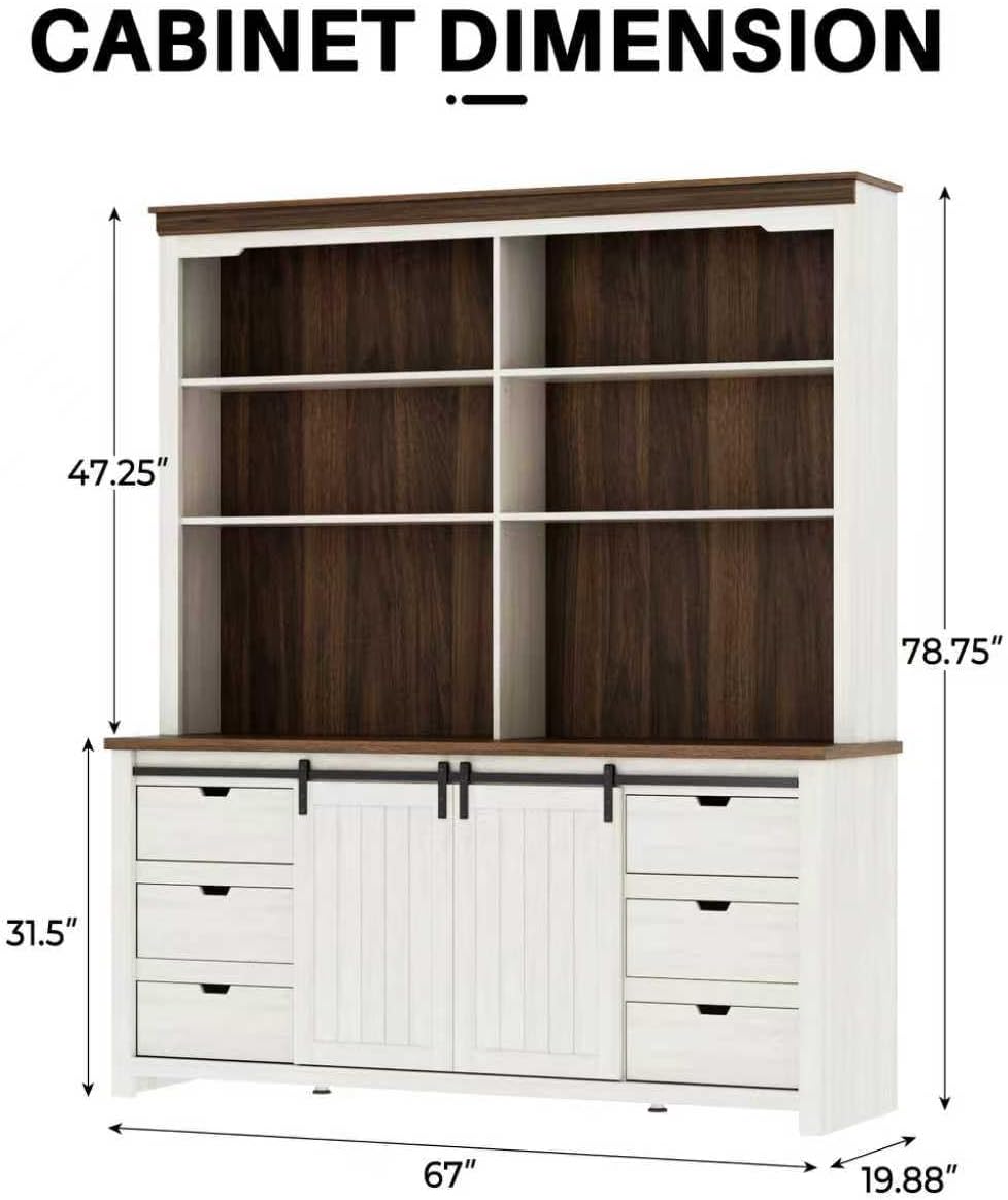 Bobve 78 * 67" Large Farmhouse Pantry Cabinet with Countertop, Buffet Cabinet,Tall Kitchen Hutch with Partitions and 6 Drawers,Suitable for Kitchen,Dining Rooms,Easy to Assemble