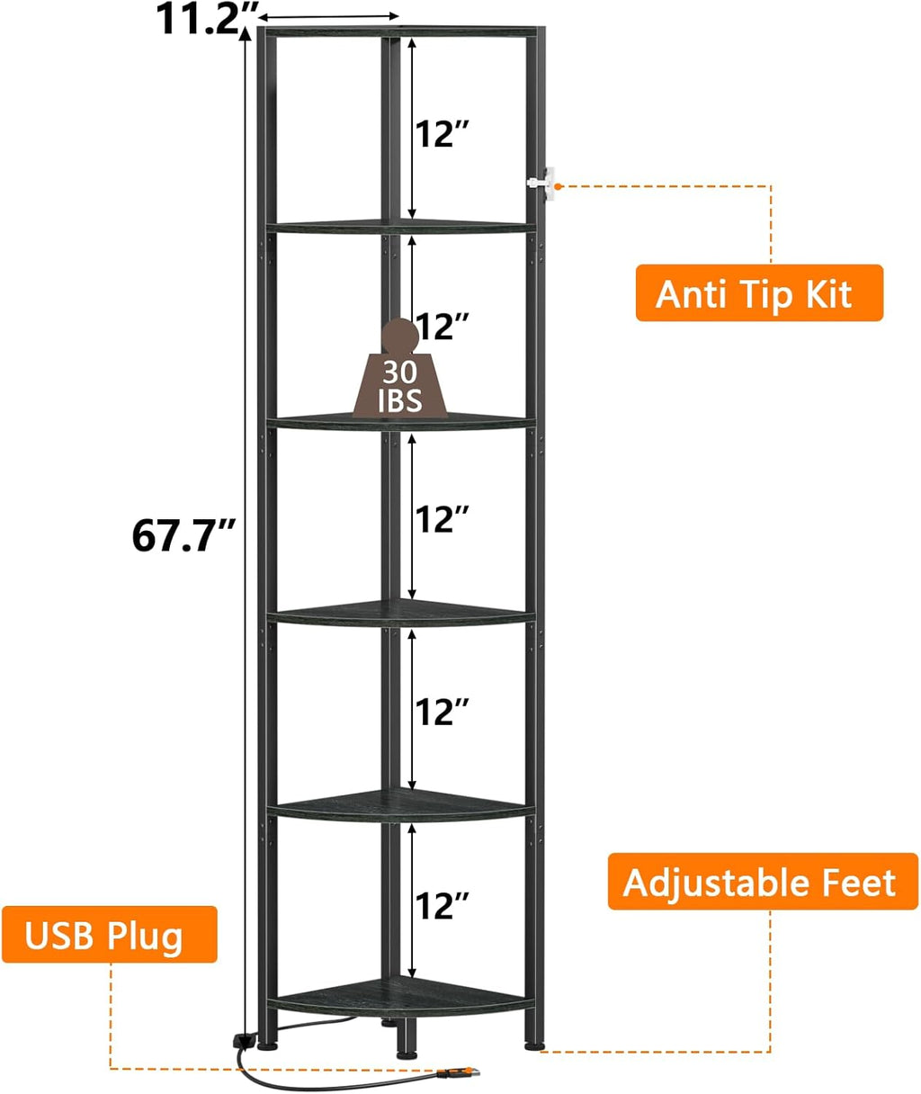 Furnulem 6 Tier Corner Shelf with LED Light, 67.5" Black Narrow Bookshelf | Tall Standing Shelf Organizer, Storage Rack for Wall Corner, Living Room, Bedroom, Metal Frame, Wood Display Shelf
