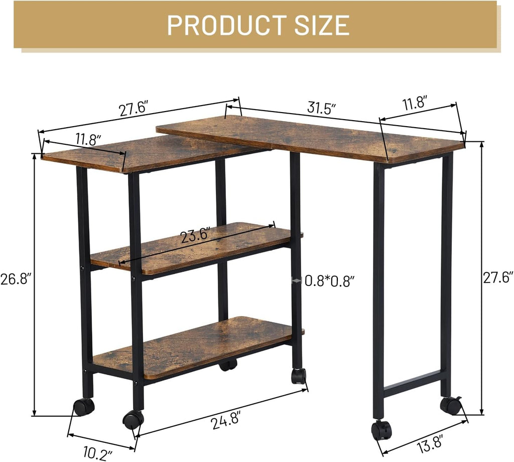 FurnitureR 360° Rotating Sofa Side Table with Storage Shelves, Mobile L-Shaped Desk with Lockable Wheels, Adjustable Swivel End Table for Couch or Bed, Space-Saving Storage Cart, Brown