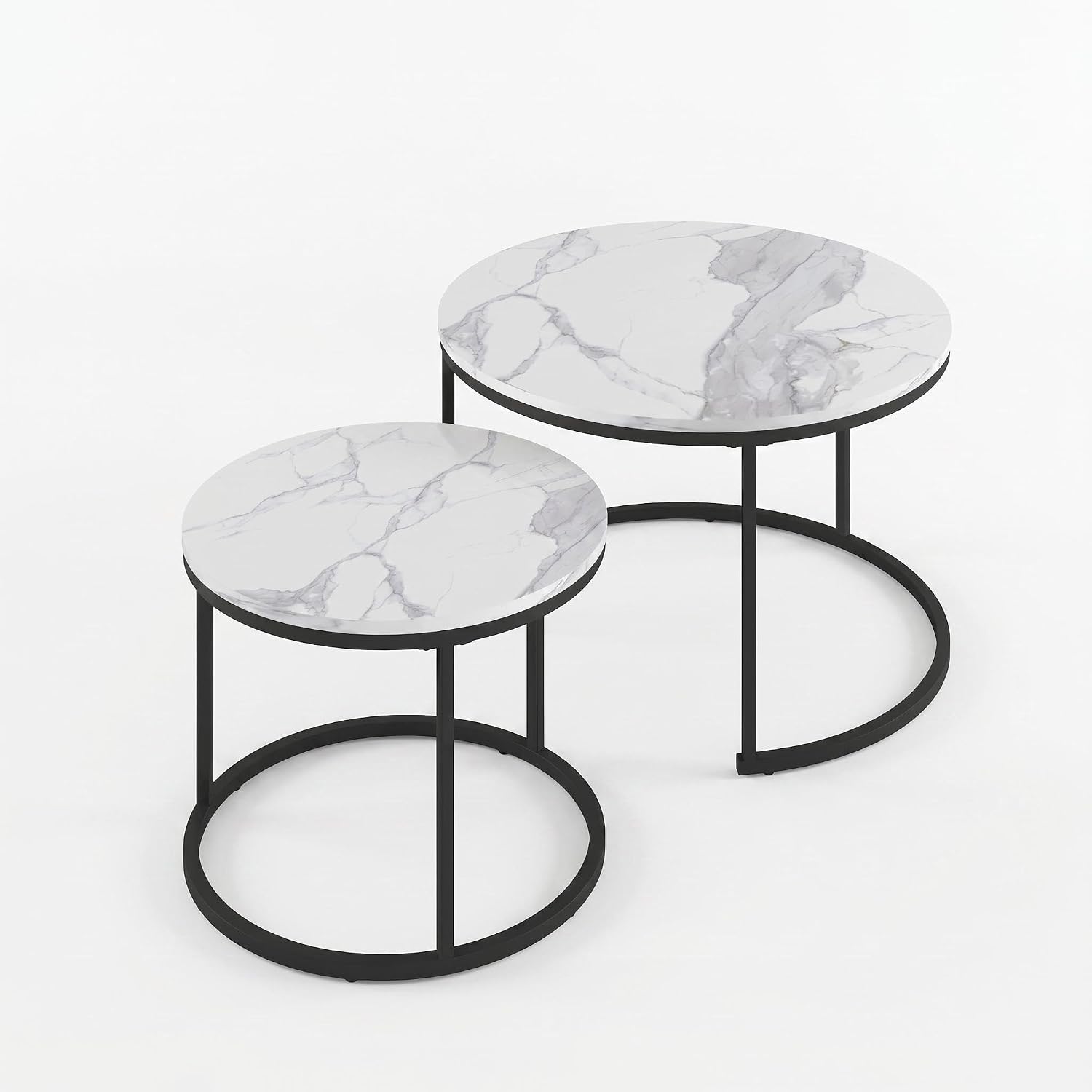 Living Room Side Table, Round Coffee Tables for Living Room, Modern Nesting Drink for Small Spaces, Set of 2 (Marble)