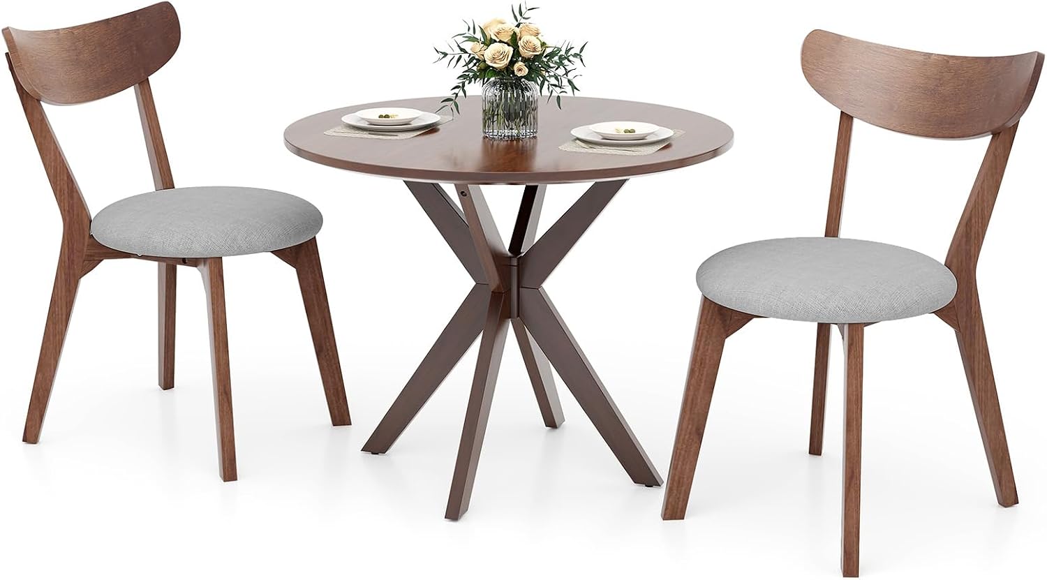 ERGOMASTER 3-Piece Dining Table Set for 2, 36" Kitchen Round Table with 2 Chairs, Rubber Wood Legs, Brown