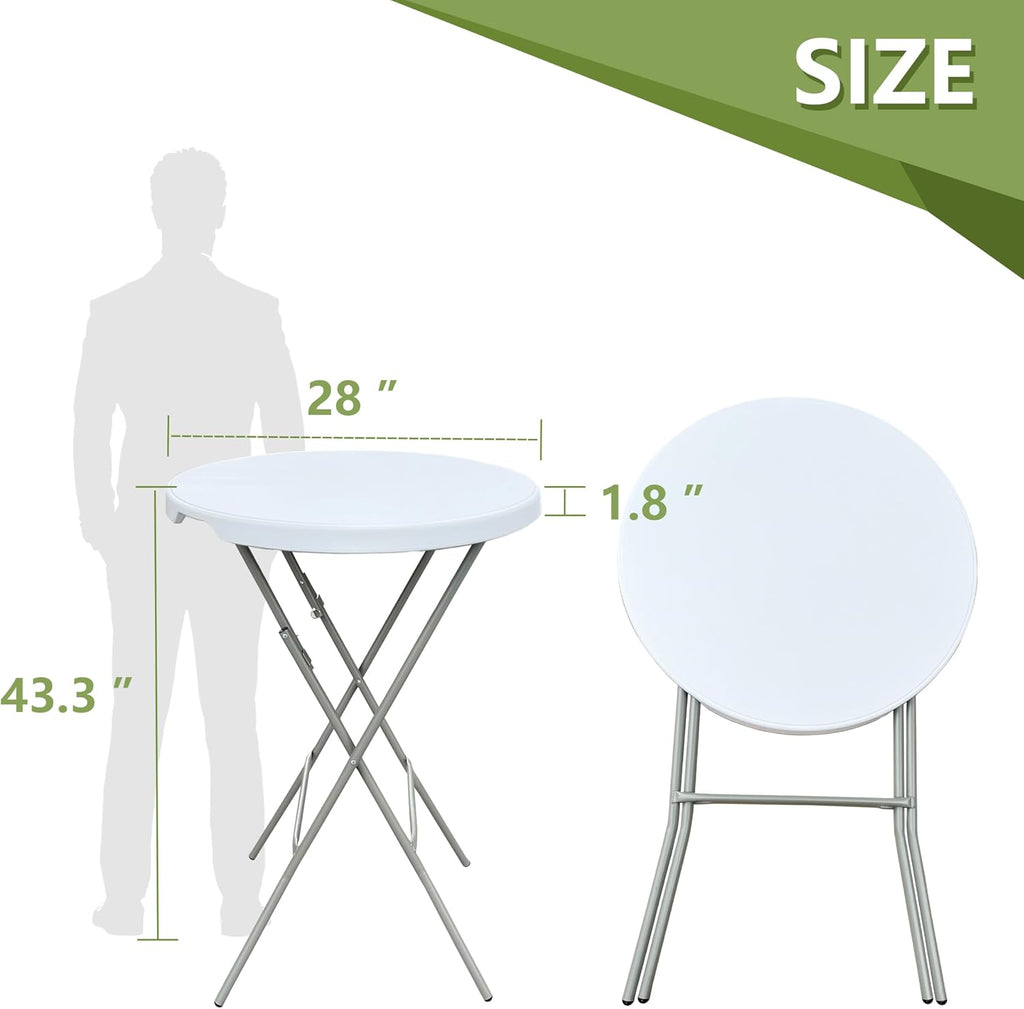 28in Cocktail Table, no Assembly Required, High Top Folding Table | Foldable Portable Plastic Round Bar Height Tables, Indoor Outdoor for Party Banquet Wedding Picnic Dining Camping, White