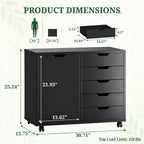 5 Drawer File Cabinet with Wheels, Rolling Office Storage Cabinet with Shelves and Door, Printer Stand with Drawers, Under Desk Filing Cabinet with Wood Board, Black