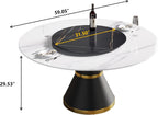Montary 59” Modern Round Dining Table for 8, Artificial Marble Kitchen Table with Carrara White Sintered Stone Tabletop & Black Gold Lazy Susan, Black Slim Waist Carbon Steel Base