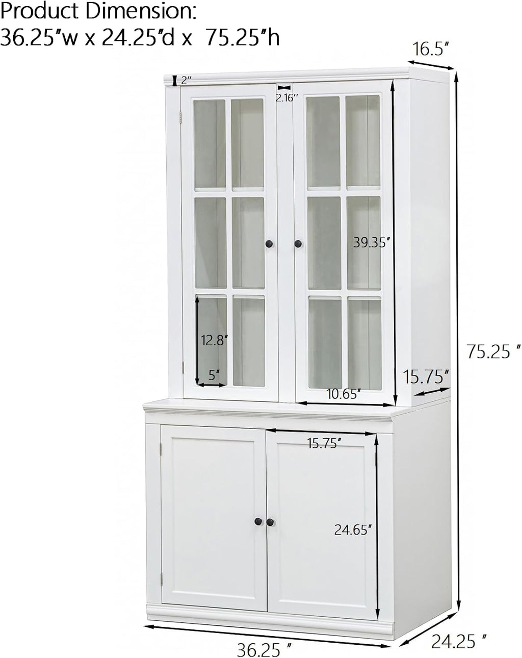 Havemies 36” Wide Freestanding Pantry with Glass Lattice Door, 75” Tall Farmhouse Kitchen Cabinet for Dishes, Linens & Storage, White Finish