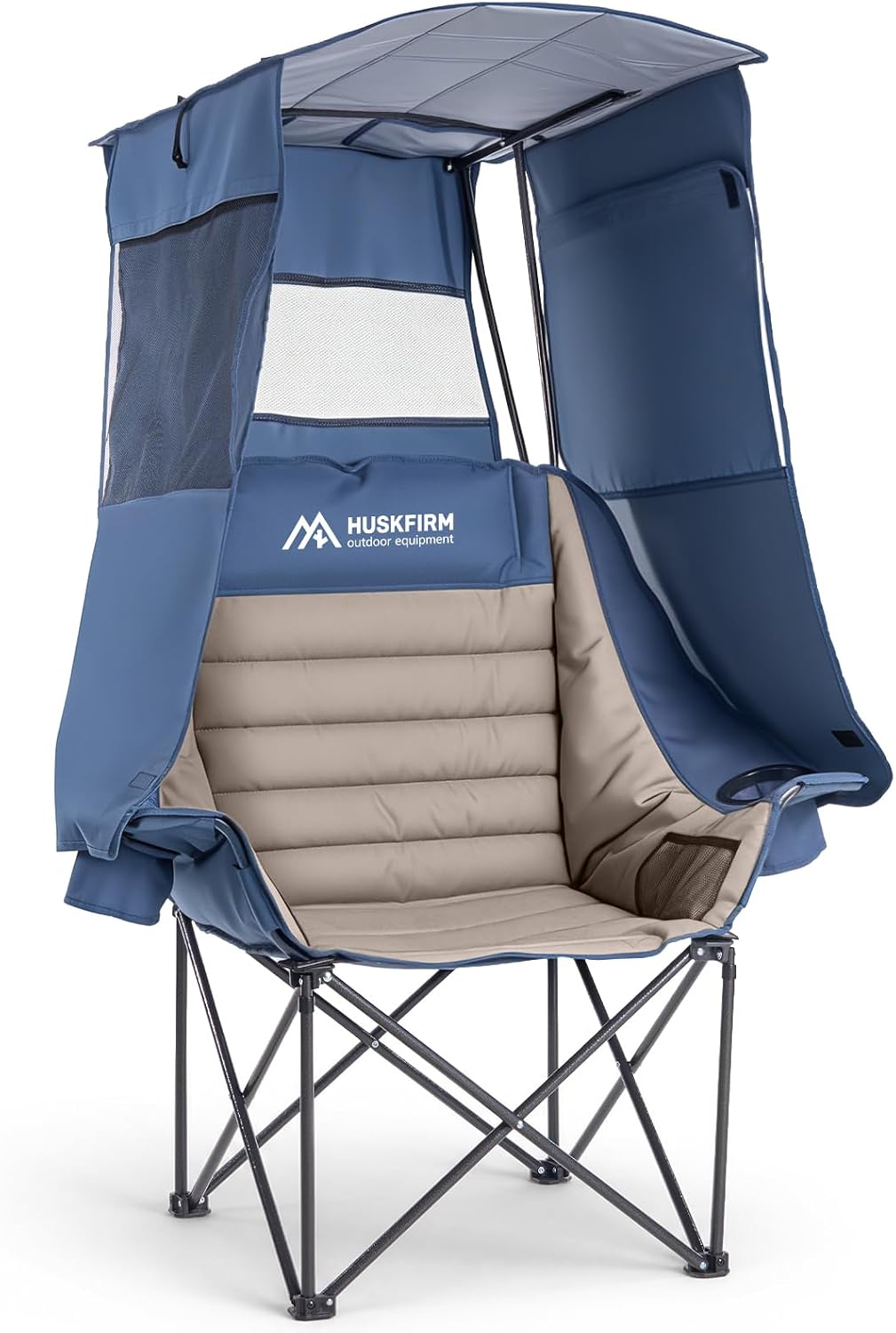 Huskfirm Camping Chair with Canopy Shade, Folding Oversized Beach Chair with Canopy, Heavy Duty Canopy Chair with Cup Holders, Carry Bag, Supports 400 lbs, for Beach, Sports, Fishing, Lawn Blue