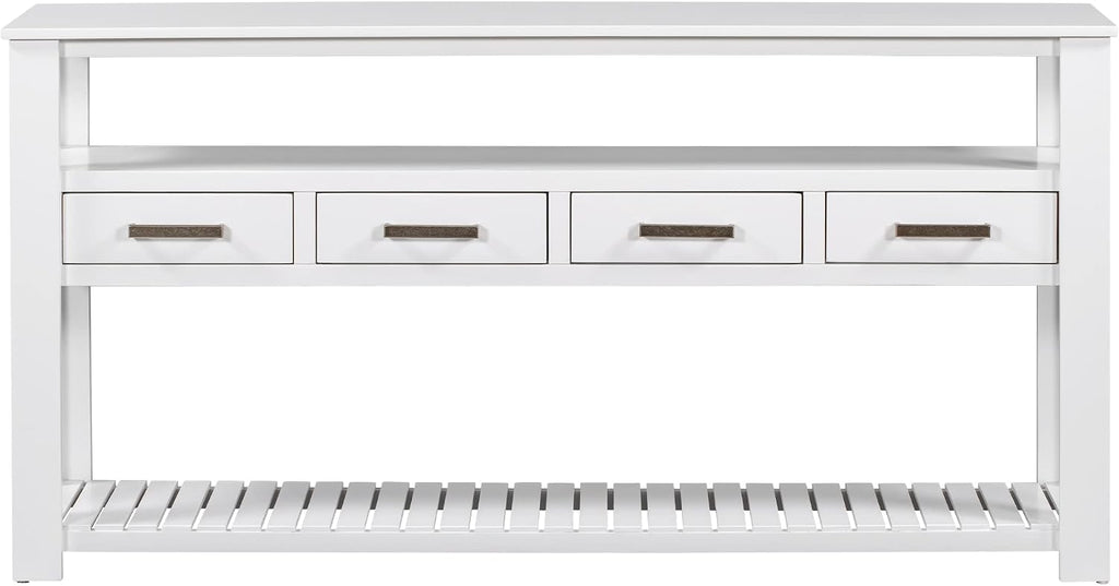 LUMISOL Console Table with 4 Drawers and 3-Tier Open Shelves, Wood Sofa Table Behind Couch with Metal Handles, Entryway Table for Living Room Foyer and Kitchen, White