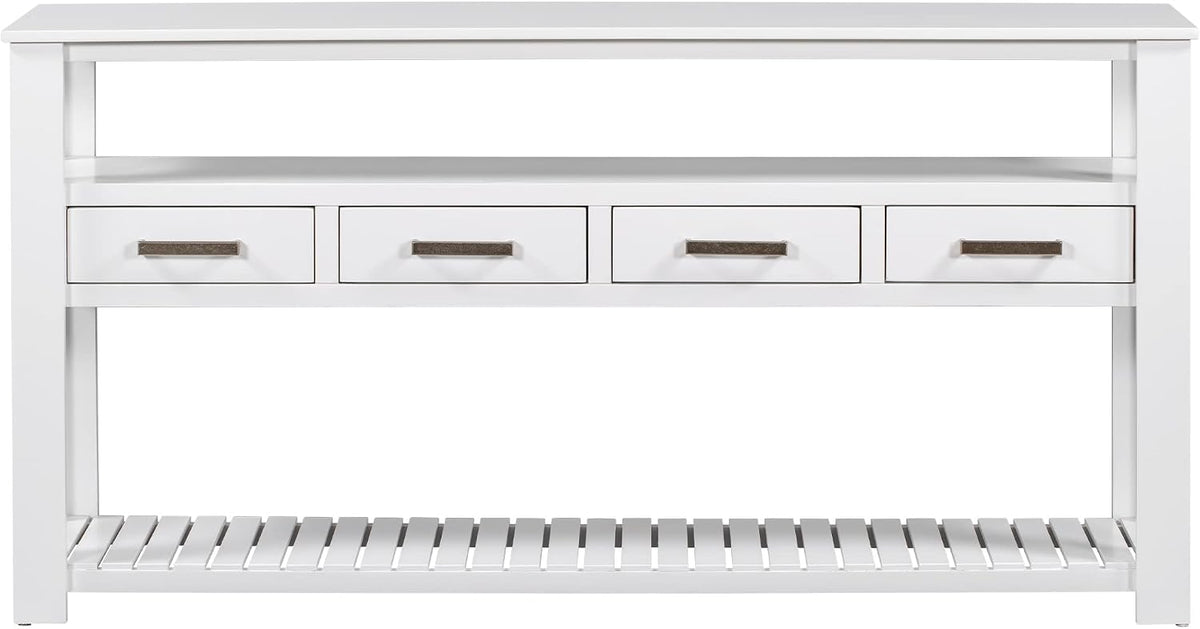 LUMISOL Console Table with 4 Drawers and 3-Tier Open Shelves, Wood Sofa Table Behind Couch with Metal Handles, Entryway Table for Living Room Foyer and Kitchen, White