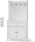 Garvee Pantry Cabinet with 4 Hooks, Kitchen Pantry Cabinet, Coffee Bar Table with Drawer & Adjustable Shelves, White