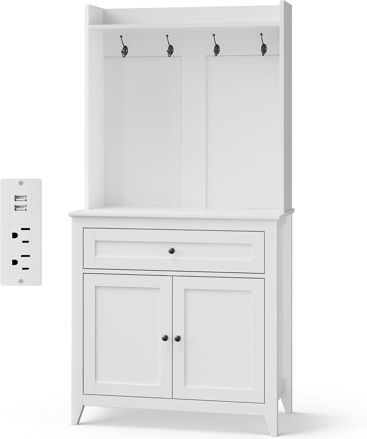 Garvee Pantry Cabinet with 4 Hooks, Kitchen Pantry Cabinet, Coffee Bar Table with Drawer & Adjustable Shelves, White