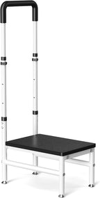 Step Stool with Handle for Adults and Seniors, Heavy Duty One Step Wooden Platform Stool with Adjustable Handrail, Wide Non Slip Footstool for Bedside, Bathroom and Home