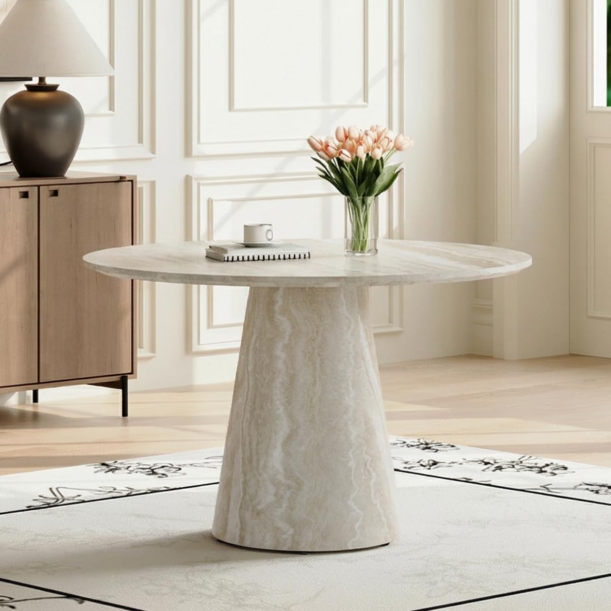 Faux Marble Round Dining Table for 4-6, 45" Modern Farmhouse Round Kitchen Table with 1" Thickened Wood Top & Stable Pedestal for Dining Room,Living Room,Apartment,Restaurant(Beige)