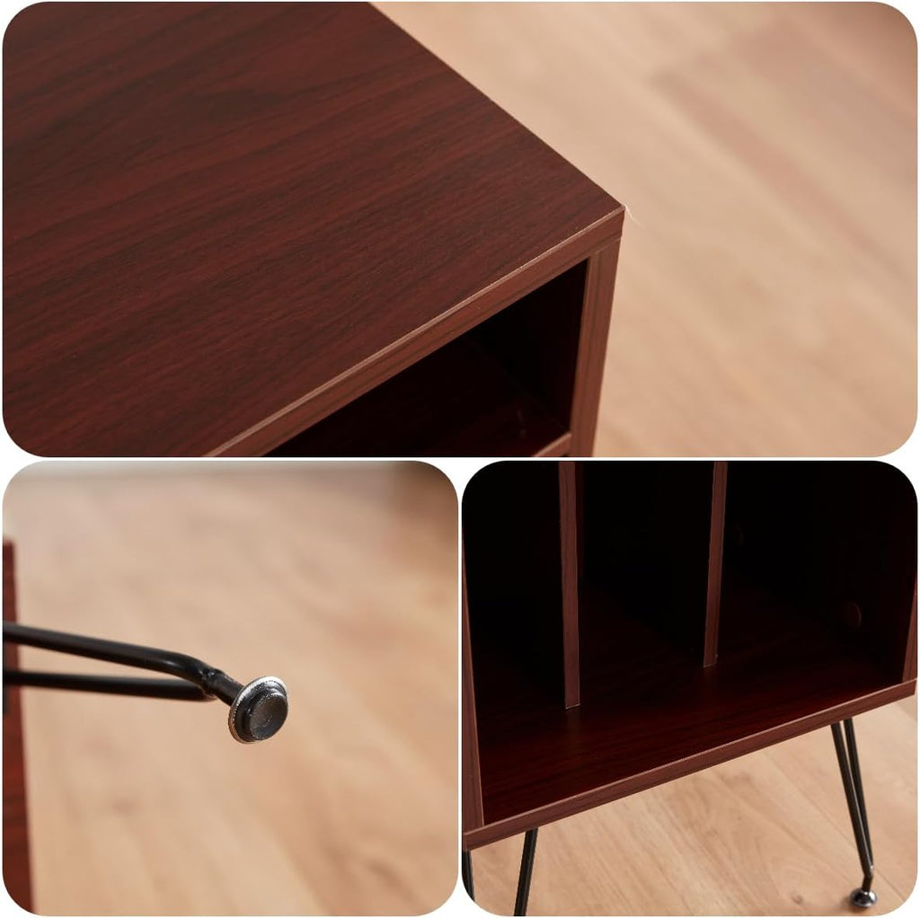 FONTOI Record Player Stand with Storage Space, Turntable Stand Record Player Cabinet with Adjustable Feet, End Table with Metal Legs for Living Room, Bedroom, Brown