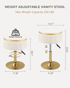 LITZFUR Adjustable Vanity Stool with Storage, 360° Swivel Gold Chair, Velvet Small Round Ottoman Footrest for Bathroom, Makeup Room, Beige