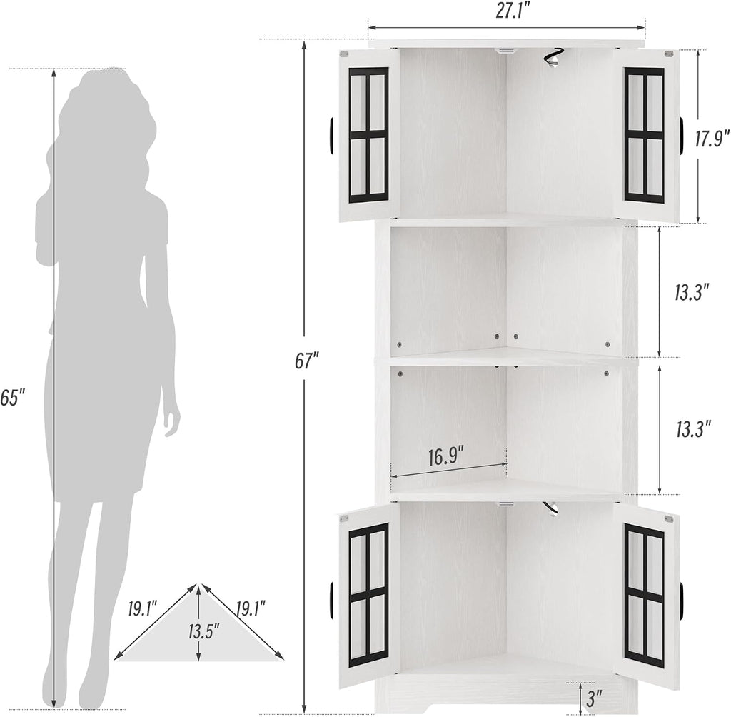 Corner Cabinet with Glass Doors and LED Lights, 67" Tall Corner Pantry Cabinet, Modern Farmhouse Corner Cabinet Organizer for Bathroom Kitchen Living Room, White