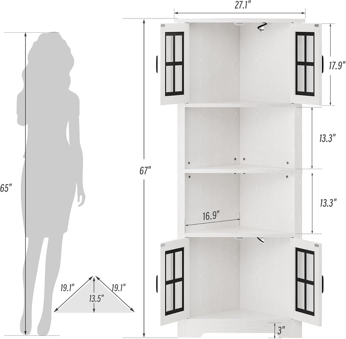 Corner Cabinet with Glass Doors and LED Lights, 67" Tall Corner Pantry Cabinet, Modern Farmhouse Corner Cabinet Organizer for Bathroom Kitchen Living Room, White