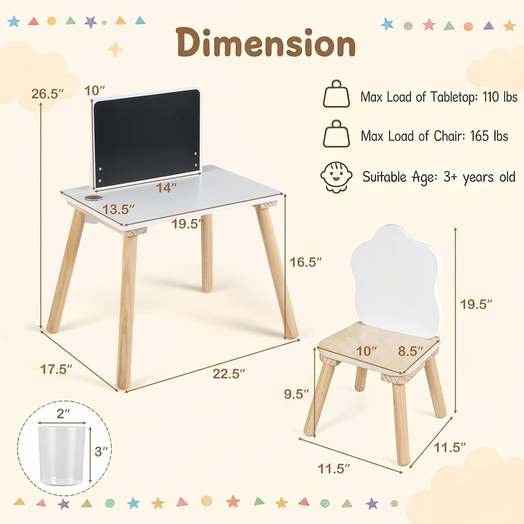 Costzon Weaning Table and Chair Set with Chalkboard | Wooden Kids Table and Chair Set with Brush Pot for Drawing, Learning and Mealtime, Multi Activity Desk for Toddlers