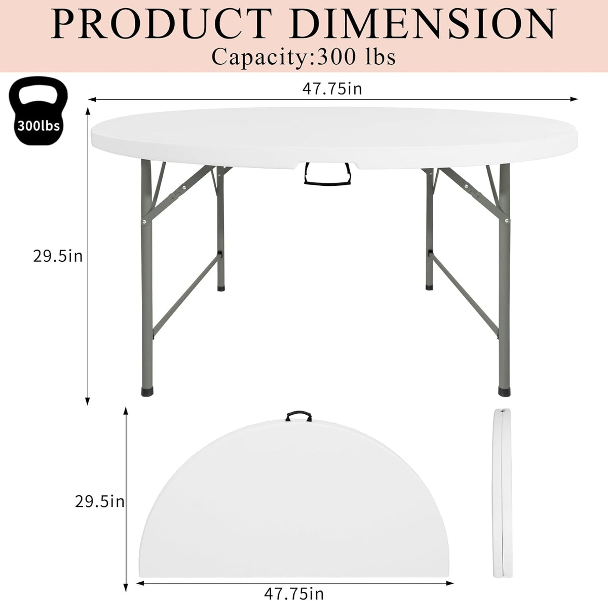 4 FT Round Folding Tables with Carrying Handle Lightweight Portable Plastic Commercial Table Steel Legs for Party, Dining, Wedding, Events, Picnic Indoor, Outdoor (White,1 Pack)