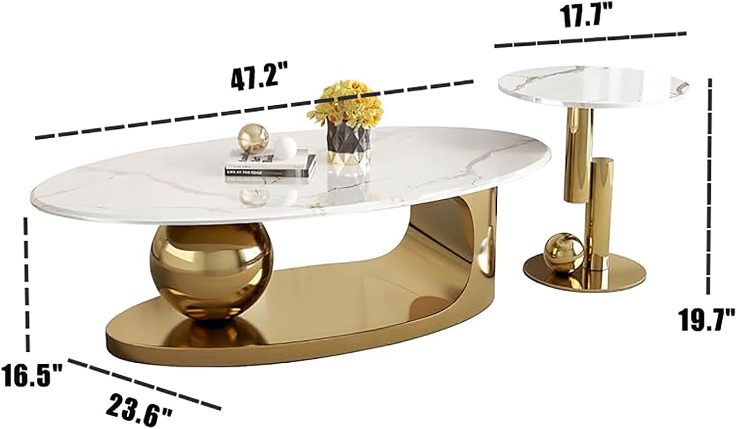 Modern Coffee Table Set of 2 - Stylish Black & Gold Oval Nesting Tables for Living Room, Contemporary Center & Side Table, 47" + 18" Cocktail Table Combo