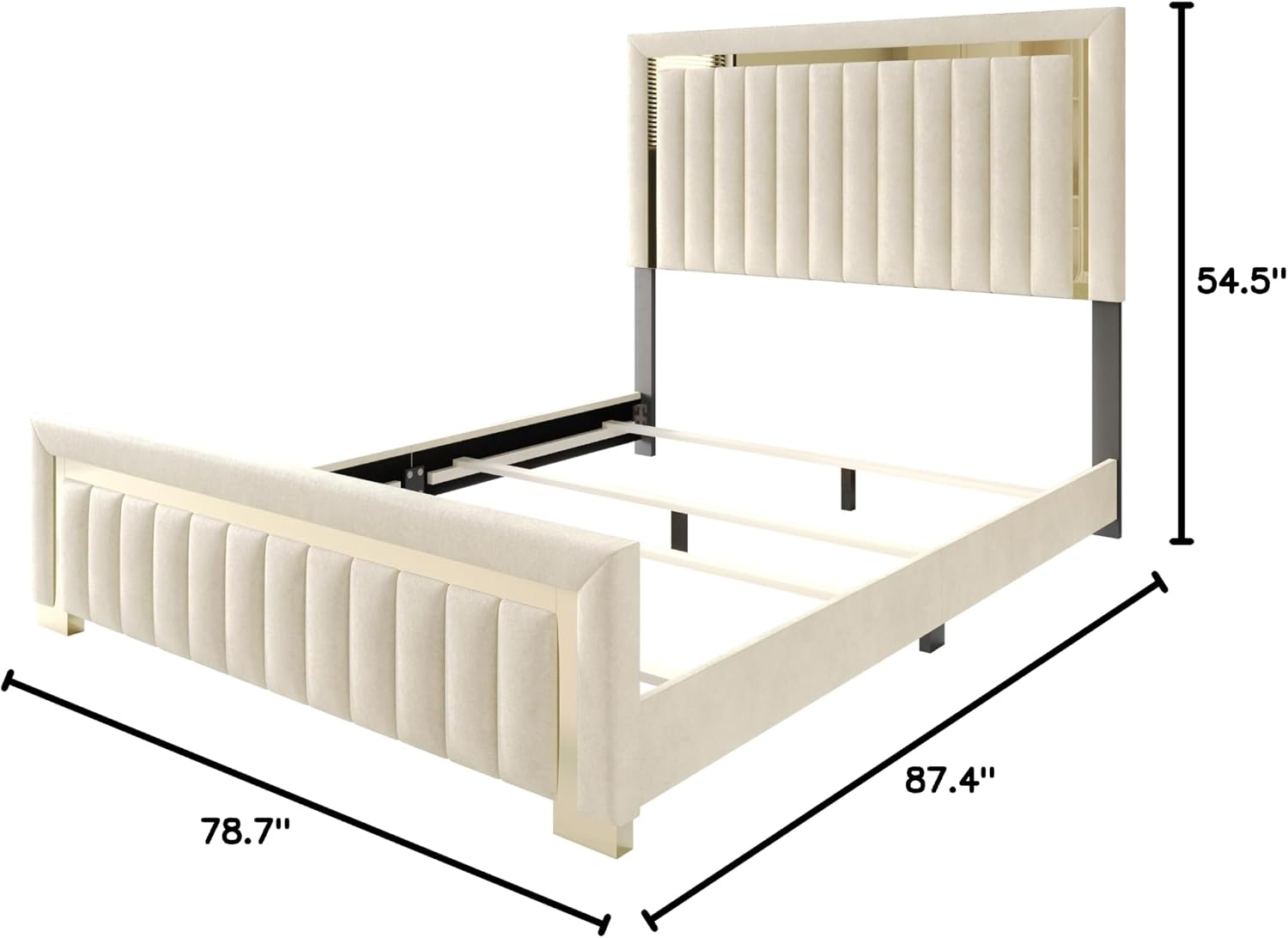 HOME DESIGN Olathe King Size Upholstered Panel Bed Frame, Vertical Channel Tufted Headboard with Gold Metal Accent, Velvet Fabric, Platform Design, Box Spring Required, Beige