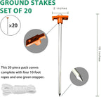 Eurmax USA Galvanized Non-Rust Camping Family Tent Pop Up Tent Stakes Ice Tools Heavy Duty 20pc-Pack, with 4x10ft Ropes & 1 Orange Stopper