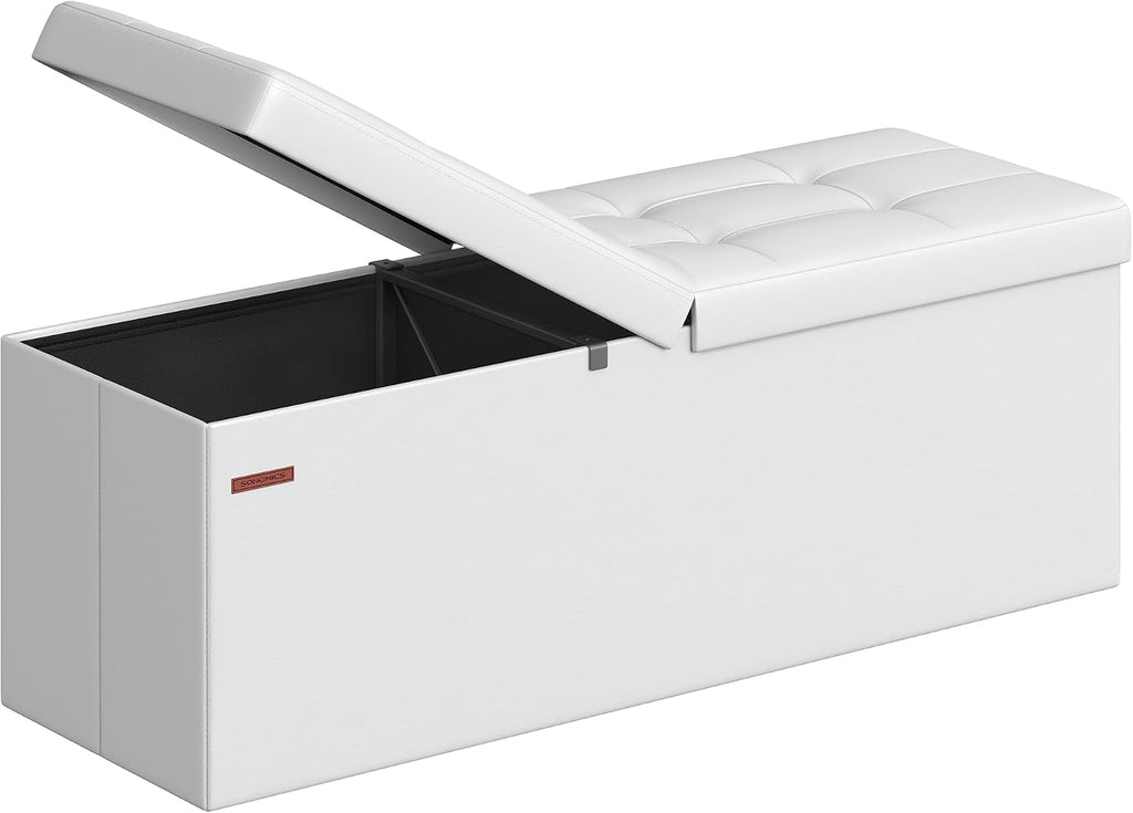 SONGMICS 43.3 Inches Folding Storage Ottoman Bench with Flipping Lid | Storage Chest Footrest Padded Seat, Iron Frame Support, Cloud White and Ink Black, MINOTA Collection ULSF75WT