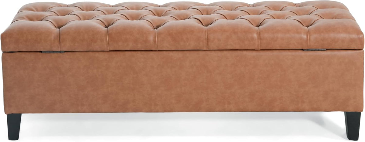 Christopher Knight Home Ottilie PU Leather Storage Ottoman Bench, Wooden Rectangular Ottoman with Storage, Bedroom End of Bed Foot Stool, Entryway Ottoman Footrest, Living Room Extra Seat, Brown