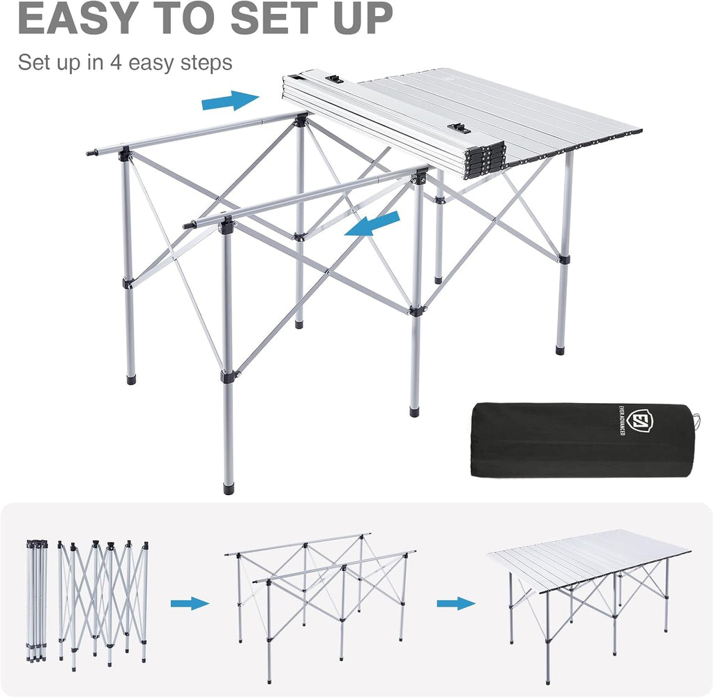 EVER ADVANCED Camping Table, Fold up Lightweight, 4-6 Person Portable Roll up Aluminum Table with Carry Bag for Outdoor, White