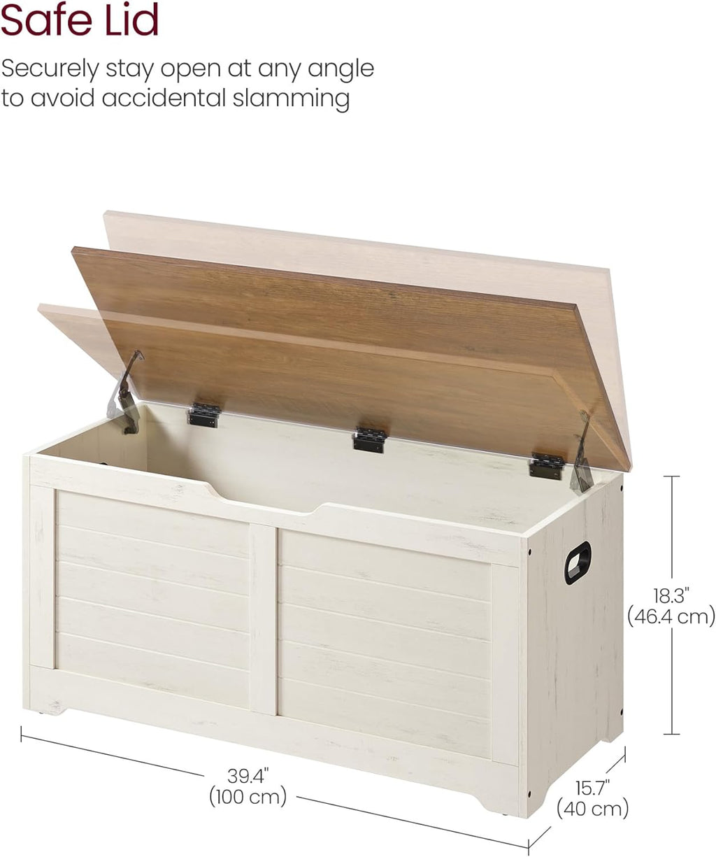 VASAGLE Storage Chest, 39.4 Inches Width Bench with 2 Safety Hinges | Farmhouse Style, for Entryway, Bedroom, Living Room, Rustic White and Honey Brown, SOFIE Collection ULSB061WJ01