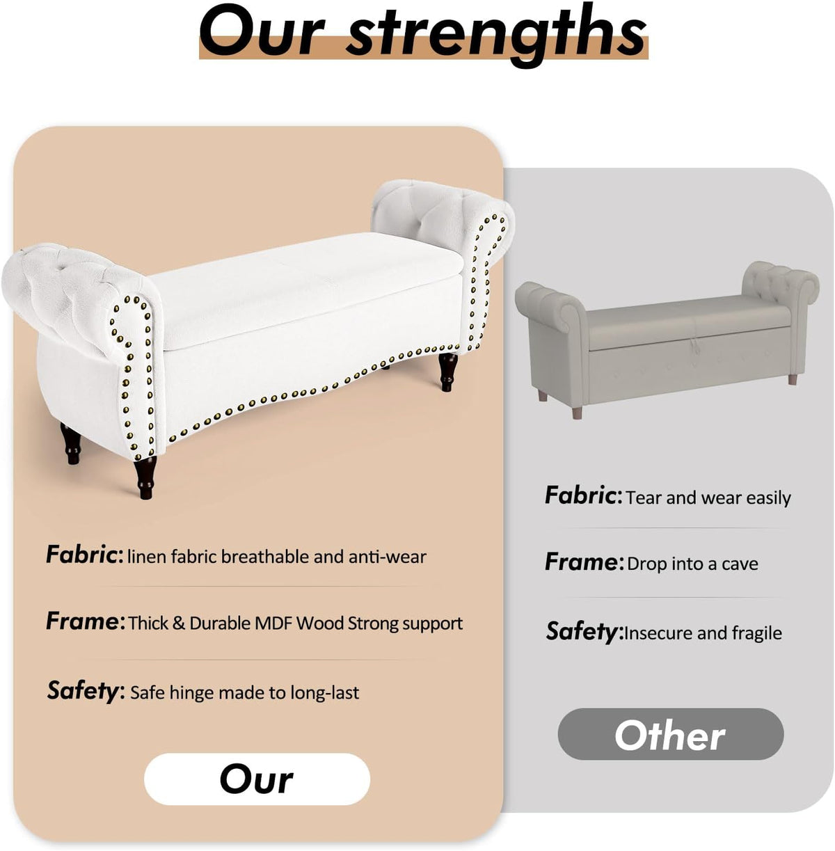 ZZW Storage Ottoman Bench, 51" Upholstered Bench & Ottoman with Safety Hinge, Tufted Bed Bench with Rolled Arm and Nailhead Trim, End of Bed Storage Bench for Bedroom, Living Room, Entryway White