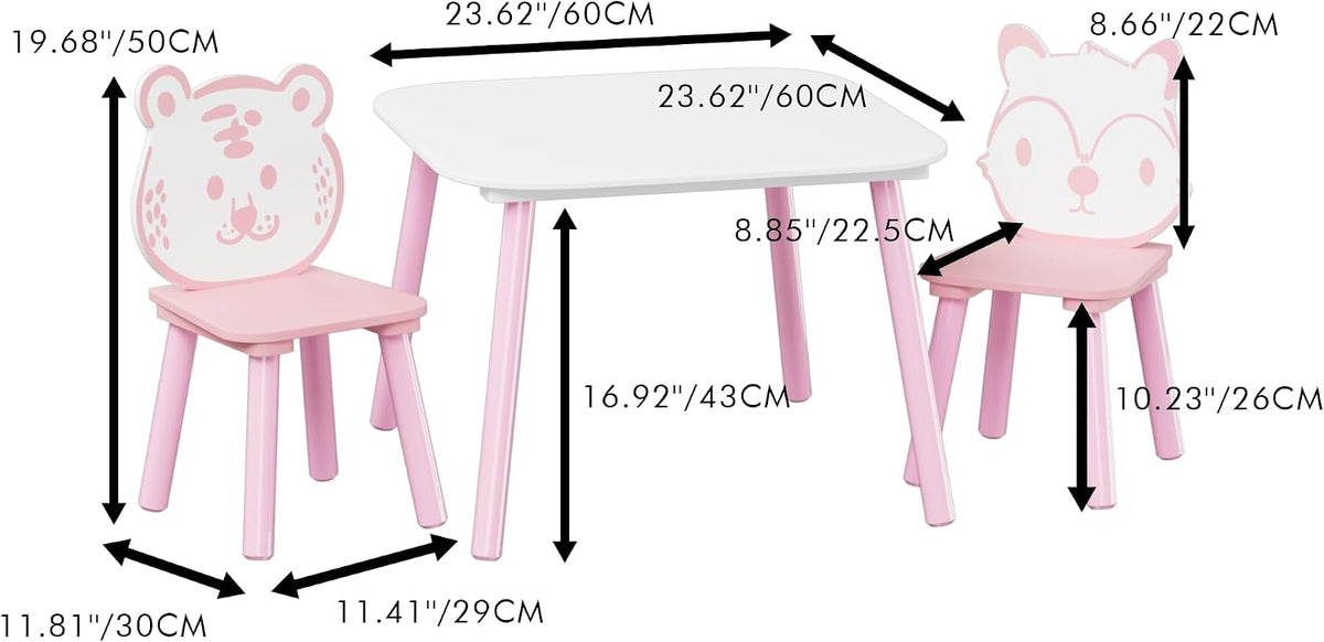 Kids Table and Chair Set 3-Piece Wooden Toddler Desk with Animal Backrest Pink and White Activity Table for Drawing Learning Playroom or Nursery