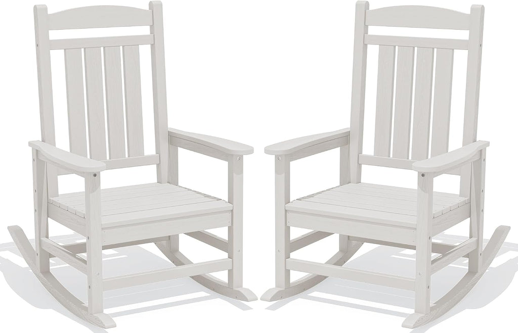 KINGYES Oversized Outdoor Rocking Chairs Set of 2, HDPE Porch Rocker, White | - Rocking Chairs for Outdoor with Wide Seat - 350LBS Support for Adults