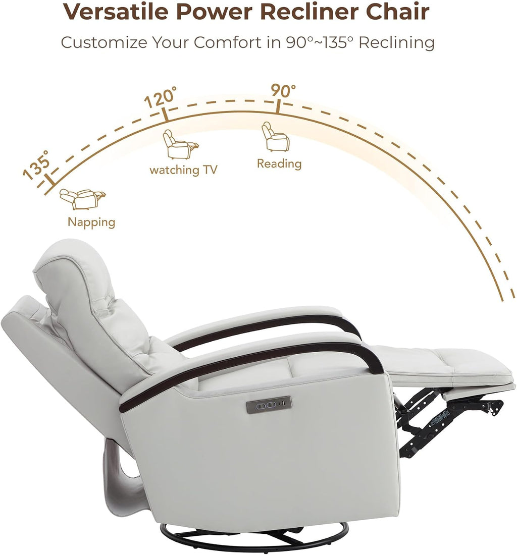 CHITA Genuine Leather Power Swivel Glider Rocker Recliner, Creamy Grey