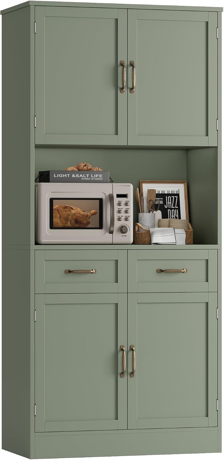 HOSTACK 71" Tall Kitchen Pantry Storage Cabinet, Wood Kitchen Hutch, Green | Modern Pantry Cabinet with Microwave Stand, Hutch Cabinet with Countertop & Drawers, Storage Cabinet for Living Room