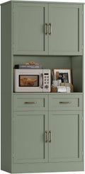 HOSTACK 71" Tall Kitchen Pantry Storage Cabinet, Wood Kitchen Hutch, Green | Modern Pantry Cabinet with Microwave Stand, Hutch Cabinet with Countertop & Drawers, Storage Cabinet for Living Room