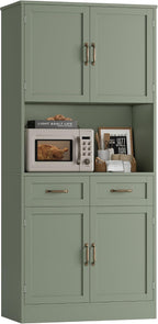 HOSTACK 71" Tall Kitchen Pantry Storage Cabinet, Wood Kitchen Hutch, Green | Modern Pantry Cabinet with Microwave Stand, Hutch Cabinet with Countertop & Drawers, Storage Cabinet for Living Room