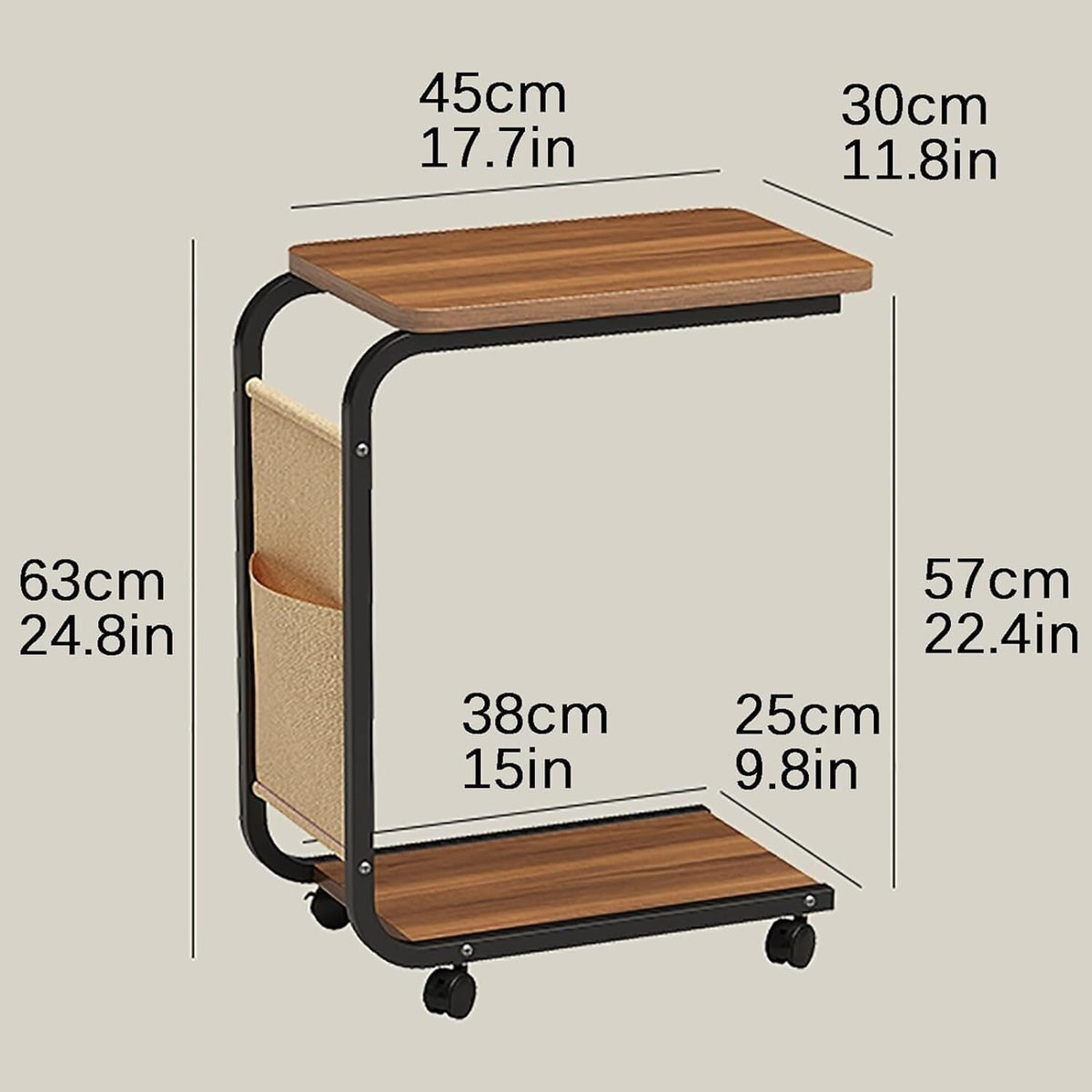 C Shaped End Table with 4 Wheels Side Table Portable Coffee Table Save Space Accent Table for Living Room Center Table